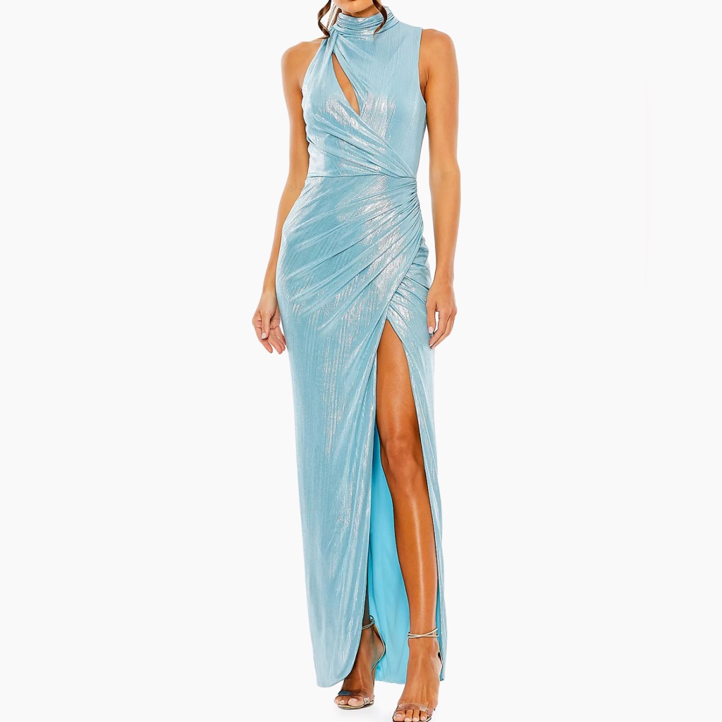Nwot Ieena For Mac Duggal High-Neck Lam Gown - Size 4 (Powder Blue)
